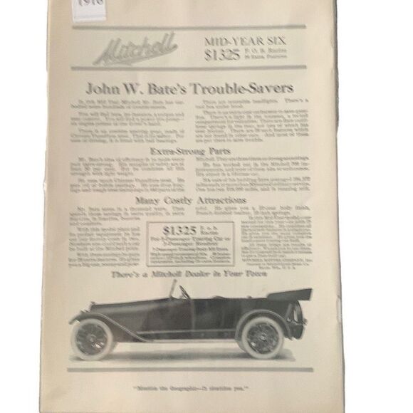 Vintage 1916 Mitchell John W Bates Trouble Savers Ad Advertisement - Picture 1 of 4